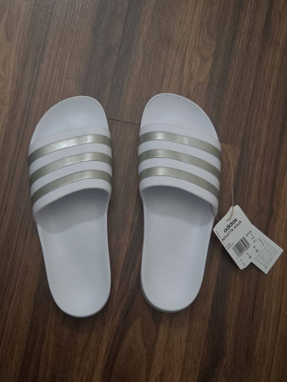 adidas White Slide Sandals with Metallic Silver Stripes